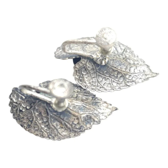 1950s Modernist Sterling Silver Screw Back Leaf Earrings Signed Beau Vintage - Picture 5 of 5